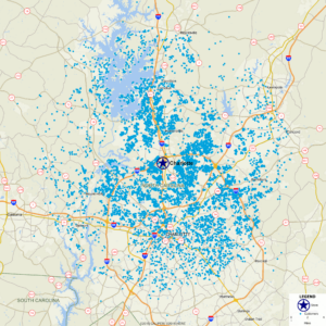 Map with blue dots indicating customer locations